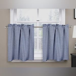 Farmhouse Vintage looking cottage coreKitchen Tiers  Set Rod Pocket - Blue White